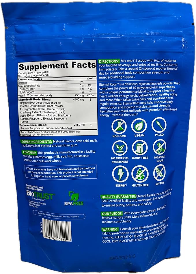 BioTrust Eternal Reds Red Superfoods Powder Support for Heart Health and Circulation Energy Stamina No Added Sugar or Caffeine Naturally Flavored and Sweetened Berry Flavor (30 Servings)