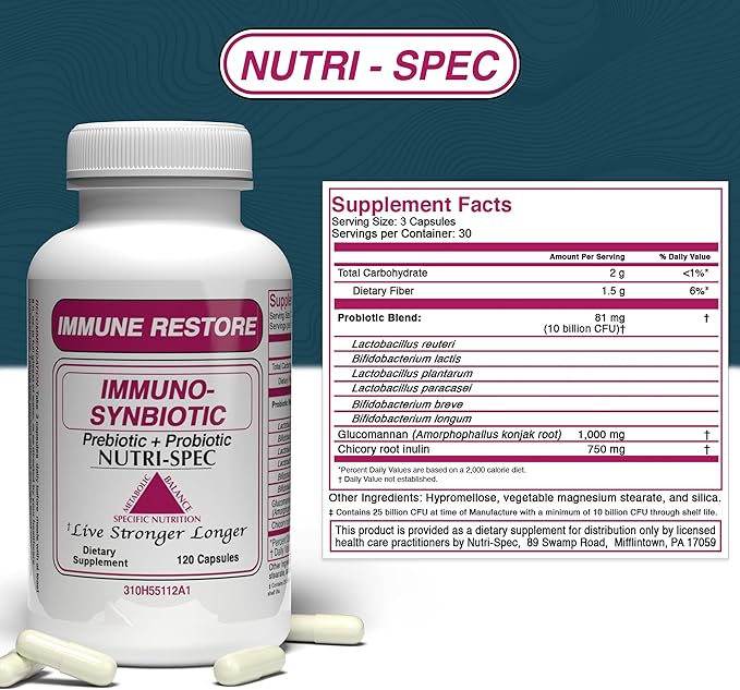 Nutri-Spec Immune Restore Probiotics &amp Prebiotic for Women and Men - with L reuteri Bifidobacterium Longum &amp More - for Digestive Health After Use of Antibiotics Increased Immunity - 120 Ca