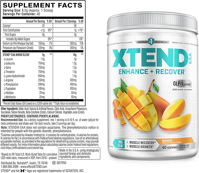 Xtend Scivation EAA + BCAA Powder | Muscle Recovery &amp Lean Muscle Growth | 9 Essential Amino Acids for Intra Workout or Post Workout Recovery | 10g EAAs Per 2 Servings | Mango 40 Servings