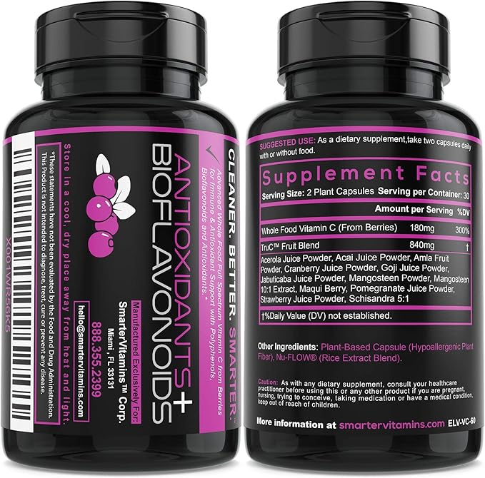 SmarterVitamins (5 Pack) Raw Whole Food Vitamin C from Berries Premium Antioxidants Bioflavonoids &amp Polyphenols 300 Vegan Capsules