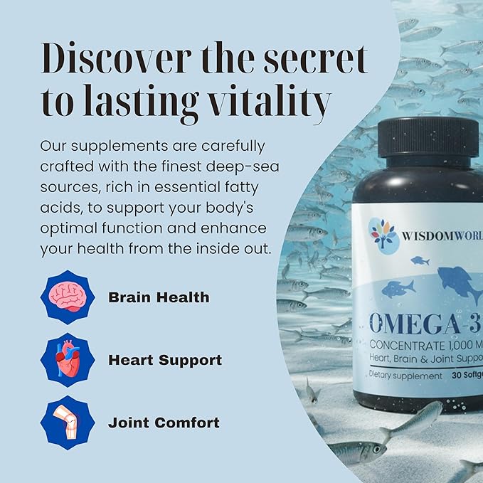 Omega-3 Fish Oil 1000 mg 30 softgels Supports Heart Brain &amp Joint Health 1 Month Supply