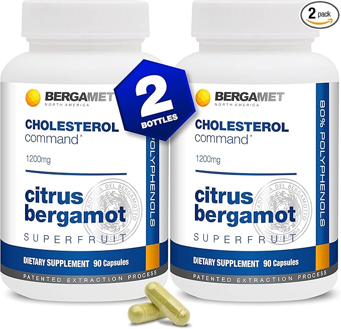 Cholesterol Command Citrus Bergamot SuperFruit Supplement 47% Bergamot Polyphenol Fraction (BPF) Patented Formula Made in The USA 2 Months 180 Capsules- 2 Bottles
