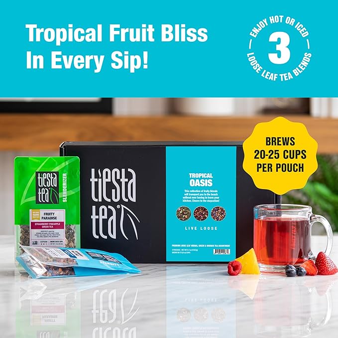 Tiesta Tea - Loose Leaf Fruity Tea Gift Box Medium Caffeinated Assorted Blends 3 Pouches for Hot &amp Iced Tea Variety Pack Fruity Paradise Blueberry Wild Child &amp Fireberry