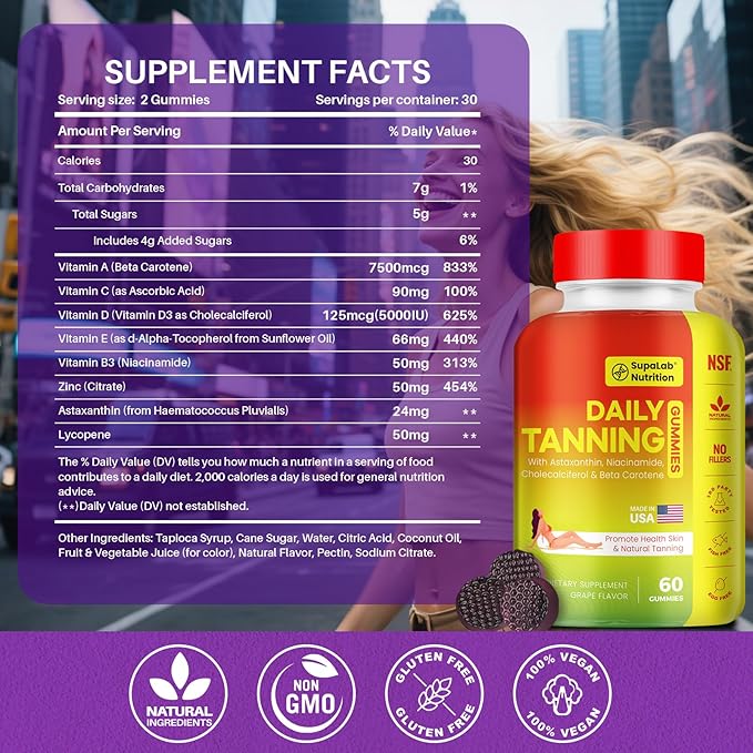 Tanning Gummies for Women Men - Natural Self Tanner Supplement with Astaxanthin Beta Carotene Lycopene Zinc Citrate &amp Vitamins Sunless Tan Booster Skin Hydration &amp Glow (Purple)