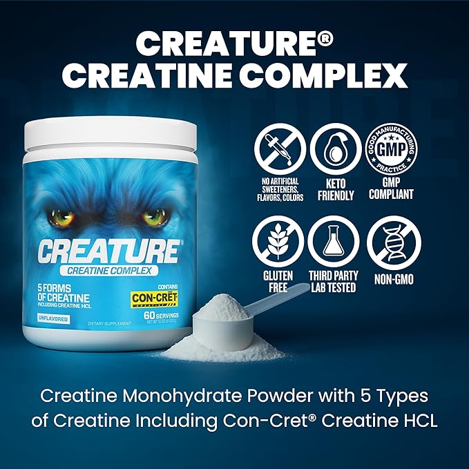 CREATURE® Creatine Complex - Creatine Monohydrate Powder with 5 Types of Creatine Including Con-Crēt® Creatine HCL Promotes Muscle Strength Endurance Brain Health Unflavored 300g 60 Servings