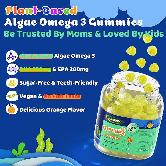 Kids Omega 3 Gummies Vegan Algae DHA &amp EPA Supplements for Children with Zinc and Multivitamin Improve Focus &amp Cognition* Eye &amp Immune Support No Fish Burps Sugar Free 90 Gummies