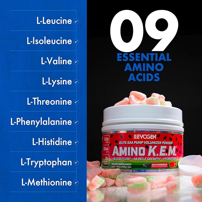 Evogen Amino K.E.M. - EAA &amp BCAA Powder Pump Volumizer | BCAAs Amino Acids Supplement for Blood Flow Muscle Growth &amp Hydration | Sour Watermelon | 30 Servings