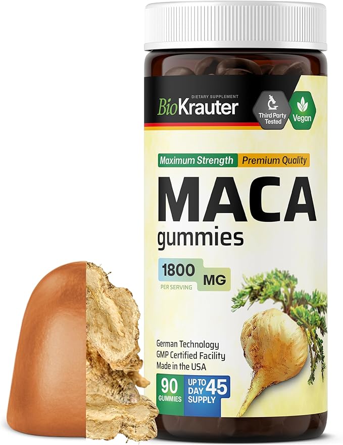 BIO KRAUTER Maca Root for Women and Men - Black Red &amp Yellow Maca Supplement 1800 mg for Drive Performance &amp Energy Support - 90 Gummies 45-Day Supply Non-GMO Banana Flavor