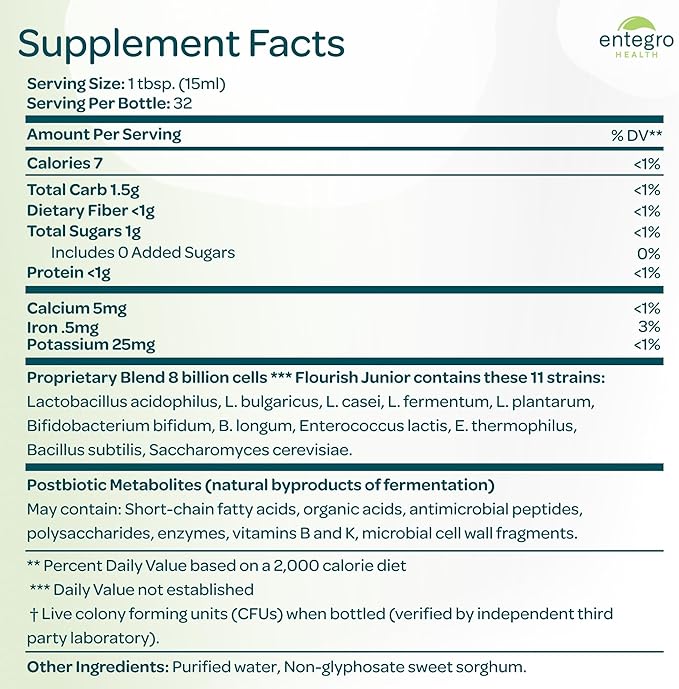 ENTEGRO Flourish Junior Liquid Probiotic &amp Postbiotic Supplement - Glass | 11 Live Cultures | Gut &amp Digestive Health for Women Men &amp Kids | Organic Vegan Allergen Free | USA Made | 16 f