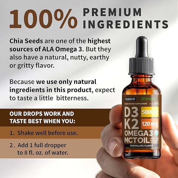 (2 Pack) Organic Vitamin D3 K2 Drops with MCT Oil Omega 3 5000 IU Maximum Strength Vitamin D Liquid No Fillers Non-GMO Liquid D3 for Faster Absorption and Immune Support (Chocolate 2 Fl Oz)