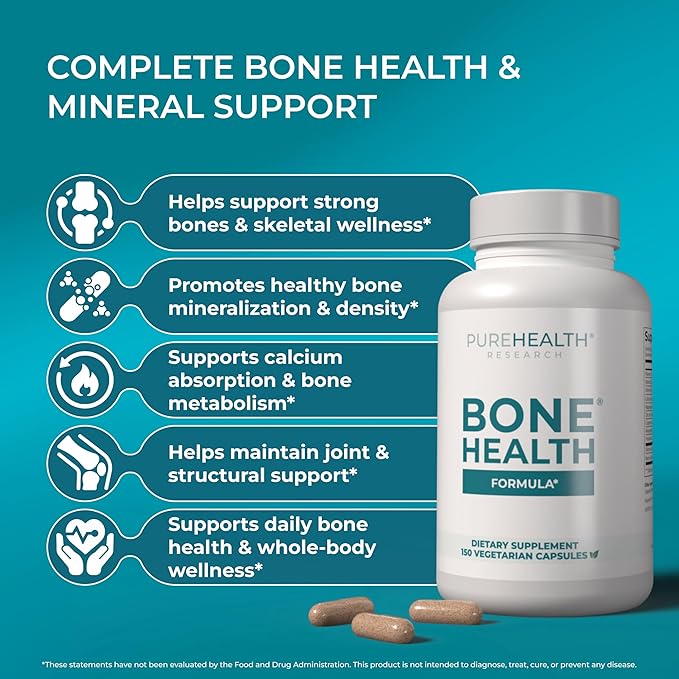 PUREHEALTH RESEARCH Bone Health Formula - for Bones Joint &amp Skeletal Wellness - with Calcium Magnesium Zinc Copper Manganese Potassium Vitamin K2 D3 C &amp More for Women &amp Men - 150