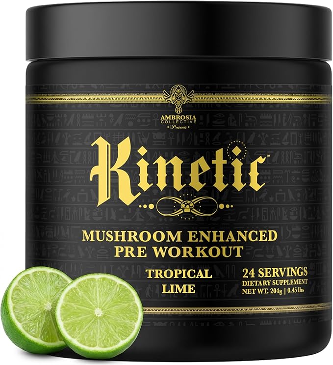Ambrosia Kinetic - Organic Pre Workout Powder | Mushroom-Enhanced Natural Pre Workout | Nootropic Superfood Powder for Clean Energy Focus Recovery | 24 Servings | Tropical Lime