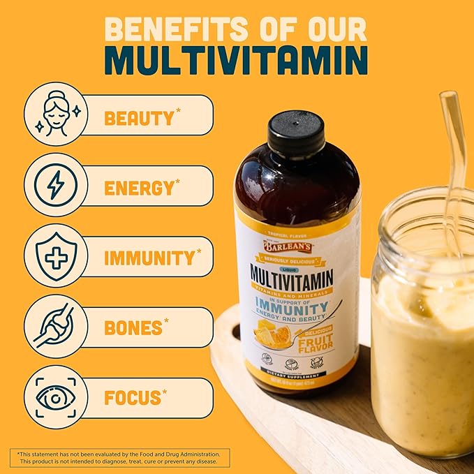 Barlean's Liquid Multivitamin for Women Men &amp Kids 21 Essential Vitamins &amp Minerals Includes Biotin B-Complex Vitamins C D3 &amp K2 Smoothie-Like Daily Supplement Tropical Flavor 16