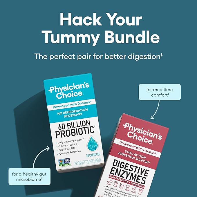 Physician's CHOICE Advanced Gut Health Bundle: 60 Billion Probiotics 30ct + Digestive Enzymes 60ct for Digestive Gut and Immune Health Supports Occasional Constipation Diarrhea Gas and Bloating