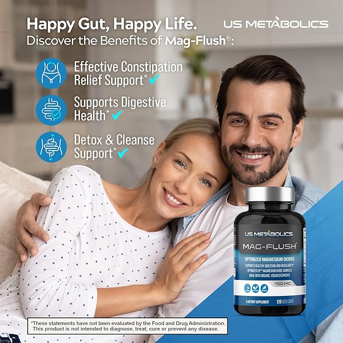 Mag Flush Magnesium Oxide Capsules 750mg 120 Vcaps - Oxygenated Magnesium Oxide Supplement for Constipation Relief Colon Cleanse Laxative and Digestion Support for Women and Men