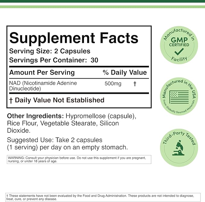 Double Wood Supplements NAD+ Anti Aging &amp Cell Regeneration | 500mg of 95% Pure NAD Plus Per Serving 30 Day Supply | Similar to Nicotinamide Riboside | Third Party Tested Vegan Safe Non-GMO