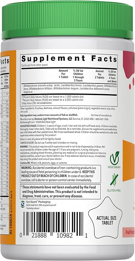 Rainbow Light Kids One Multivitamin Tablets Provides Healthy Growth and Immune Support with Vitamin C Zinc &amp B Complex Vegetarian and Gluten Free Fruit Punch 90 Count