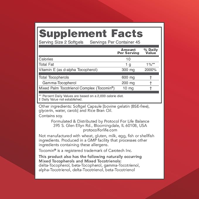 PROTOCOL FOR LIFE BALANCE Gamma E Toco Complex - Vitamin E 300mg - Antioxidant Support - for Cardiovascular Health &amp Brain Health - with Tocotrienols - Halal &amp Dairy Free - 90 Softgels