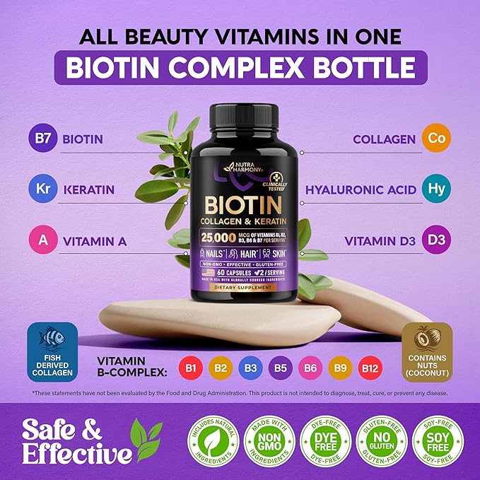 Biotin | Collagen | Hyaluronic Acid | Keratin - Support Normal Hair Growth Cycle Skin &amp Nails - Clinically Tested - 25000mcg Vitamins B1 B2 B3 B6 &amp B7 - for Women &amp Men - Made in USA |