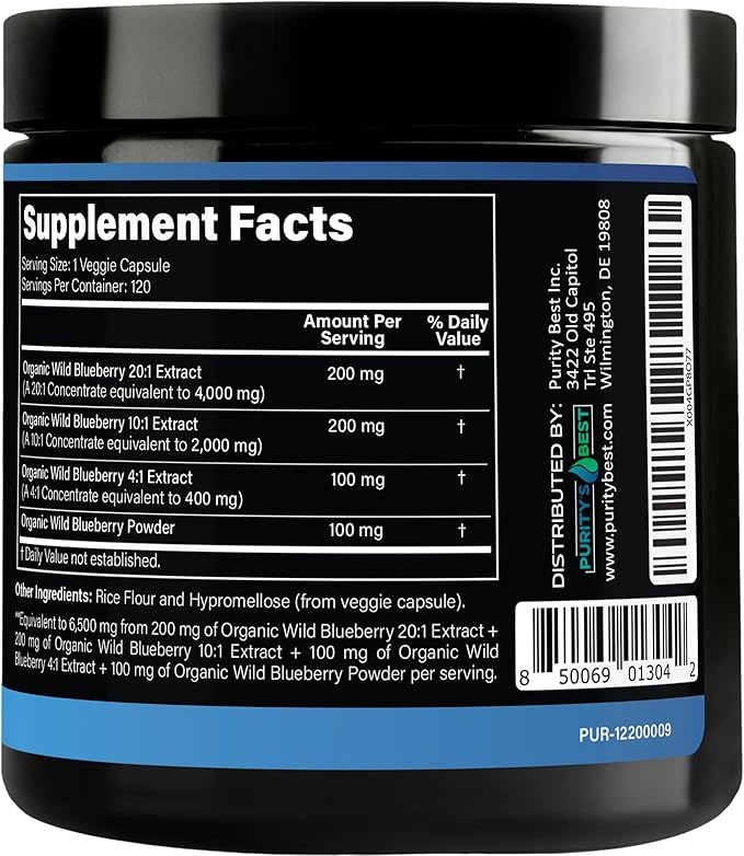 Purity’s Best Wild Blueberry Extract Rich in Flavonoids &amp Anthocyanins Antioxidant Support for Brain &amp Heart Health 4-Month Supply Non-GMO 120 Vegan Capsules