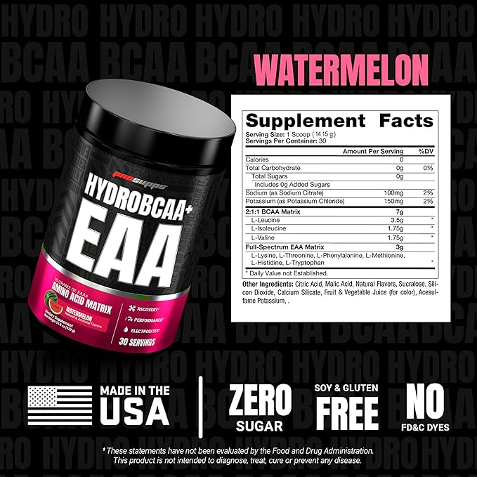 ProSupps HydroBCAA Essential Amino Acids Powder Watermelon - Workout Supplement with BCAA EAAs &amp Electrolytes for Hydration &amp Recovery - Stimulant-Free Soy &amp Gluten-Free - 30 Servings