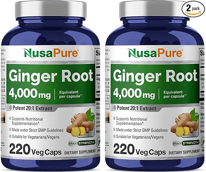 NusaPure Ginger Root Capsules 20:1 Extract 200 mg Equivalent to 4000mg per Veggie Caps | 220 Count | Non-GMO (Pack of 2)