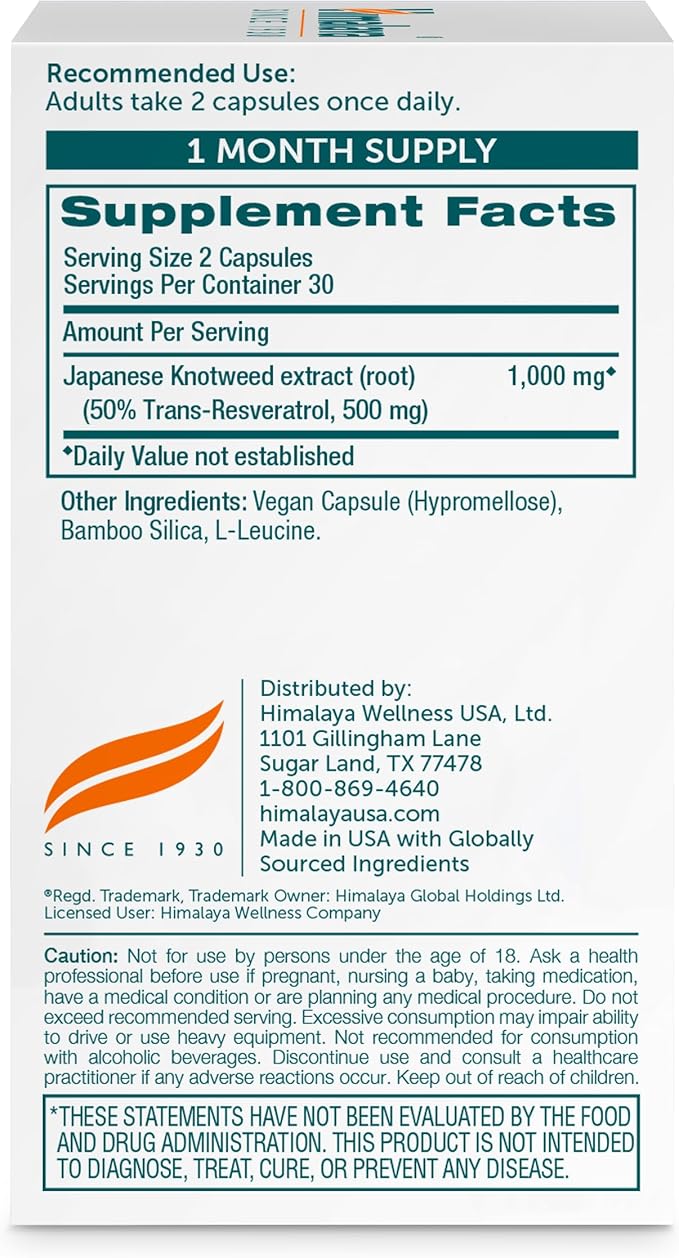 Himalaya Resveratrol for Healthy Aging and Antioxidant Support 1000 mg of Resveratrol with 500 mg Trans-Resveratrol Daily 60 Vegan Capsules 1 Month Supply