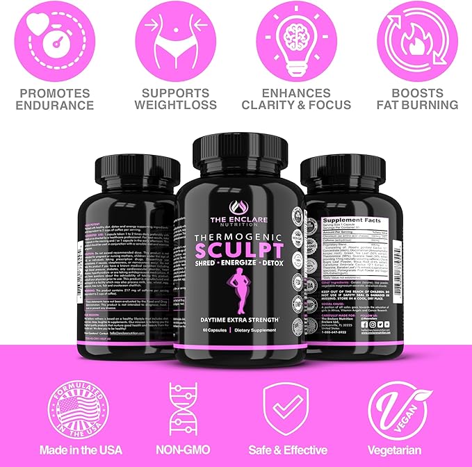 Thermogenic Fat Burner Appetite Suppressant Weight Loss Supplement for Women &amp Men Metabolism Energy Focus Brain Caffeine Pills with Chromium Green Tea Extract L Theanine Sculpt 60 Capsu