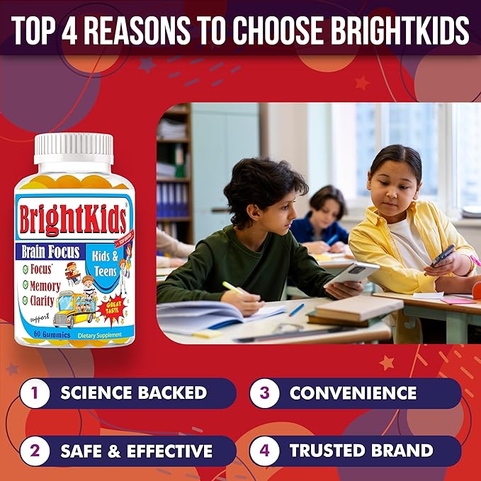 BrightKids Focus Gummies for Kids &amp Teens – Brain Gummies for Memory and Focus Omega 3 DHA Brain Vitamins for Kids Attention &amp Learning Support Supplement Drug-Free Made in USA 60 Count