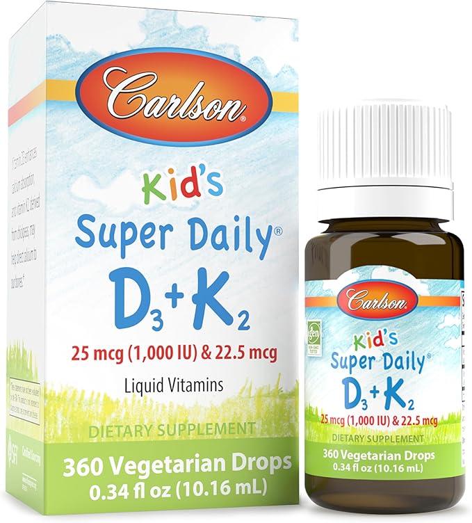 Carlson - Kid's Super Daily D3+K2 25 mcg (1000 IU) D3 &amp 22.5 mcg K2 Vitamin D Drops with Vitamin K2 Liquid Vitamins 1000 IU Vitamin D3 Heart &amp Bone Health 1-Year Supply Unflavored 360