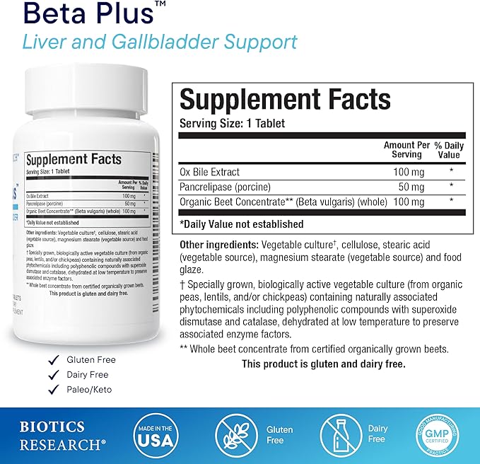 Biotics Research Beta-Plus™ Nutritional Ox Bile Salts Digestive Enzymes Supplement for Bile Production for No Gallbladder-Supports Overall Liver Function Aids Fat Digestion Supplies Betaine 90 Tabs
