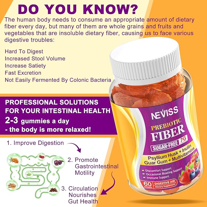 NEVISS Prebiotic Fiber 7G Gummies for Adults + Melatonin 60mg for Adults Bundle