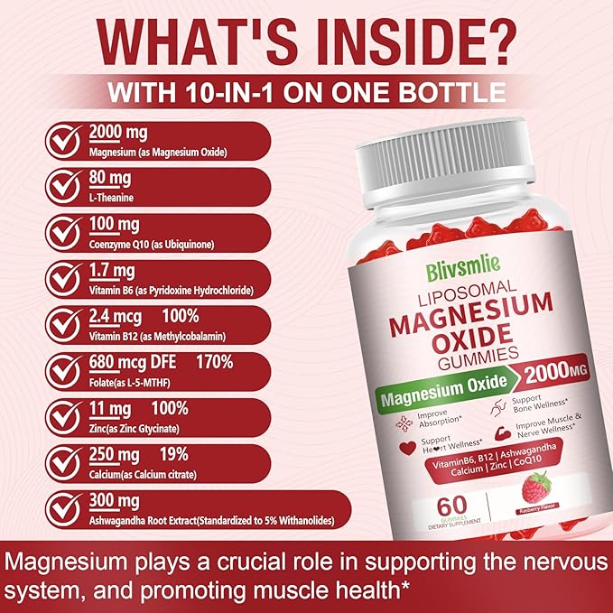 2 Pack Liposomal Magnesium Oxide Gummies 2000mg Complex AshwagandhaCoQ10 L-Theanine L-5-MTHF Methyl B12 Zinc for Sleep &amp EnergyStress ReliefHeart HealthNeuro Support