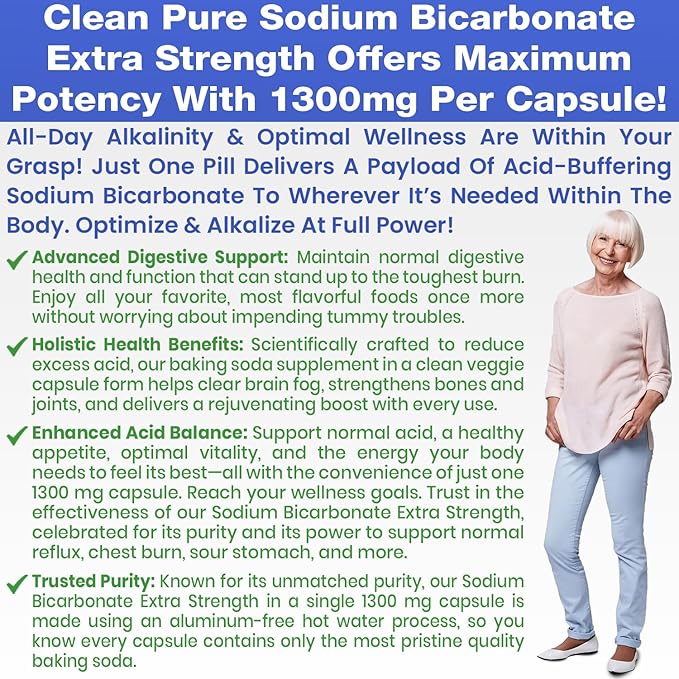 Sodium Bicarbonate Capsules Extra Strength 1300mg Organic Use No Junk. 1 Sodium Bicarbonate Capsule is 1300mg. Pure Sodium Bicarb Tablet 2-Pack