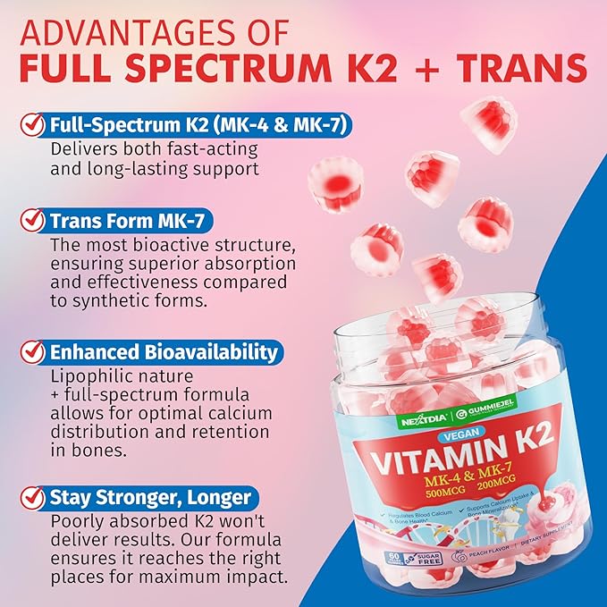 Vitamin K2 Gummies MK-7 200 mcg &amp MK-4 500 mcg for Women &amp Men Sugar Free Perfect 2-IN-1 Full Spectrum Vitamin K2 Supplement for Bone He❤rt Promotes Calcium Absorption Brain Teeth Immune