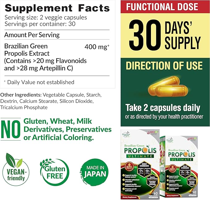 LABO Nutrition Brazilian Green Propolis Ultimate – Propolis Extract with 28mg Artepillin C and 5% Flavonoids Natural Bee Supplement for Immune Brain Support High Concentrate Propolis 60 Veg Capsx3