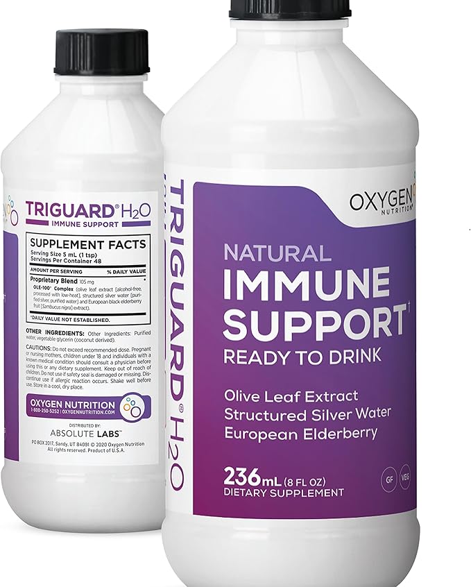 Triguard Plus Colloidal Silver Water Sambucus Elderberry Extract &amp Olive Leaf Extract 3-in-1 Liquid Immune Support Ready to Drink | Powerful Immune System Booster | Great Taste - 8oz Made in US