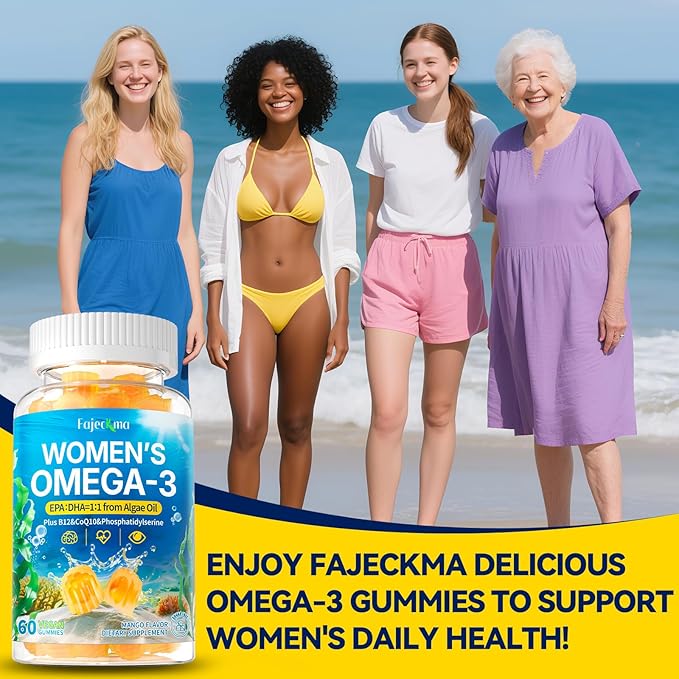 Women’s Omega-3 Gummies Supplement: 1280mg Vegan Sugar Free Omega Fatty Acid DHA EPA with Vitamin D3 Coq10 Magnesium for Focus Health Support - Fish Oil Alternative for Women Adults(120Count)