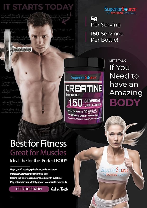 Superior Source Creatine Monohydrate 750G 5000mg Per Serv (5g) - 150 Servings 26.5 oz Muscle Growth Enhanced Strength Supports Post-Workout Recovery Ideal for High-Intensity Training Non-GMO