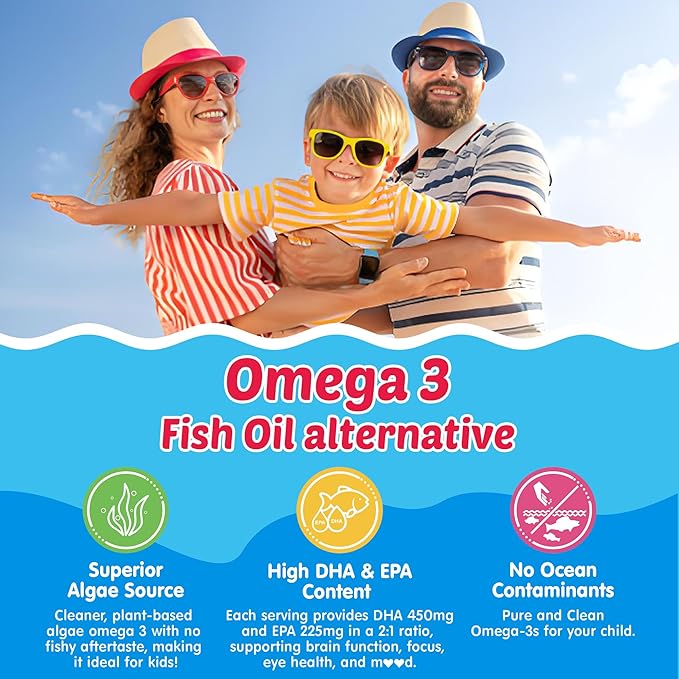 Kids Omega 3 Gummies + Calcium 400mg + Vitamin D3 K2 + C Omega-3 DHA &amp EPA Supplement - No Fish Burps No Sugar - Kids &amp Teens Omḛga 3 + Multivitamin Gummy for Strong Bones Brain Immune Ey