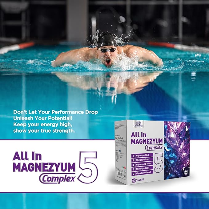 All in Magnezyum Complex 5 – Five Forms of Magnesium (L-Threonate Taurate Citrate Glycinate Malate) - Supports Muscle Function Nerve Support &amp Energy Production – 60 Tablets