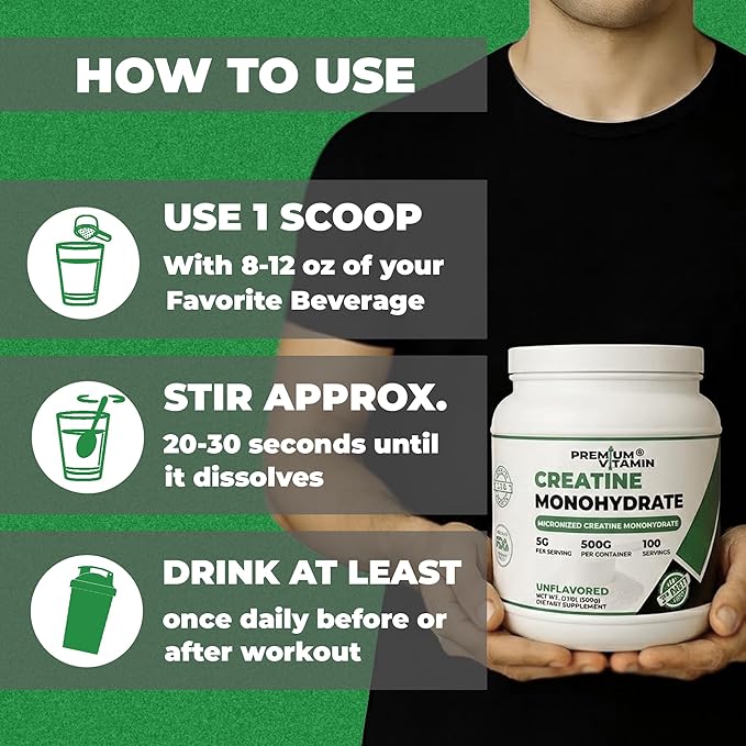 Creatine Monohydrate Powder – 100% Pure Micronized Unflavored Creatine for Men &amp Women - Muscle Growth Power &amp Recovery – 100 Servings 500g