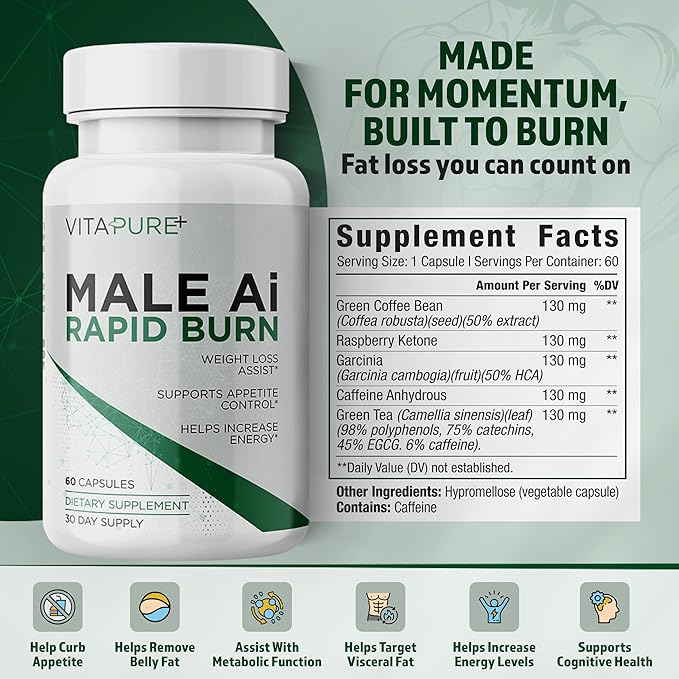 Male Ai Rapid Fat Burner for Men | Supports GLP-1 Pathway Function for Weight Loss | Appetite Suppressant Energy Booster Unisex Diet Pills | 3rd Party Tested Formula - 60 Capsules