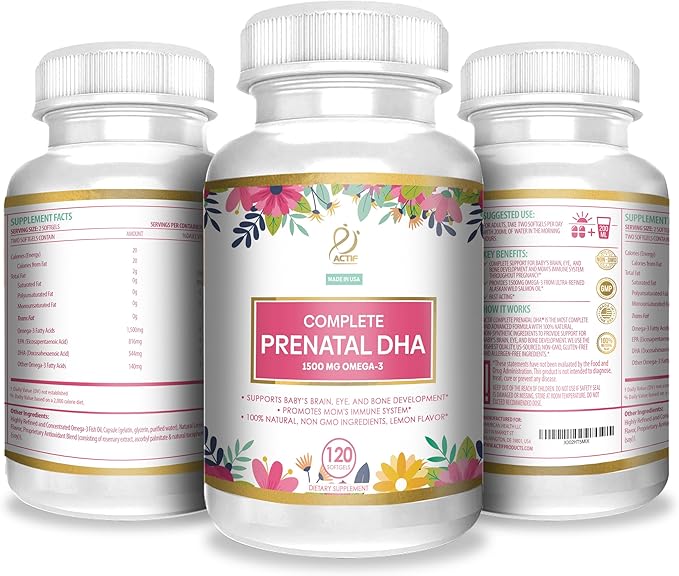 Actif Complete Prenatal DHA with 1500mg Omega-3 100% Natural Organic DHA EPA Omega 3 - Non-GMO 90 Gummies