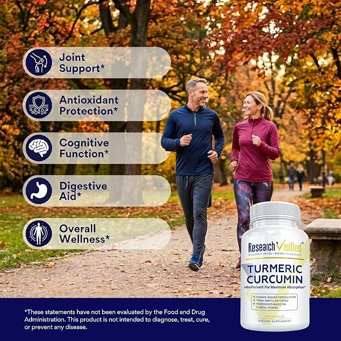 Research Verified Turmeric Curcumin Supplement with Black Pepper (BioPerine) - High Potency Curcumin -Antioxidant Joints &amp Daily Wellness - 60 Vegan Turmeric Capsules - Made in USA - 6 Month Supp