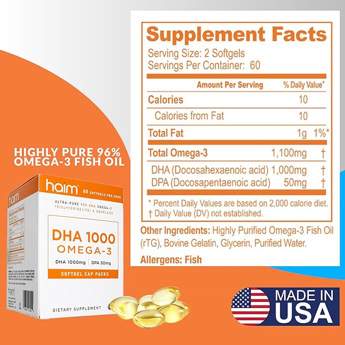 HAIM DHA 1000 Omega-3 Fish Oil - 90% Purity with 1000mg DHA 50mg DPA - High Potency Fish Oil Supplement for Brain Eye &amp Heart Support - Promotes Overall Wellness &amp Focus - 1 Box 60 Softgels