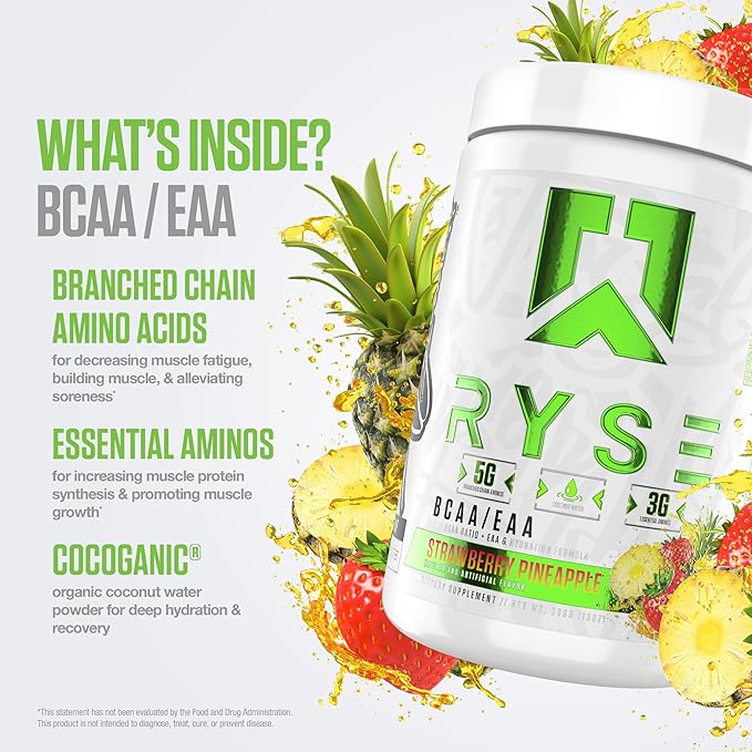 RYSE BCAA EAA Powder - Strawberry Pineapple - 5g Branched Chain Amino Acids 3g Essential Aminos Sugar-Free Electrolytes for Pre &amp Post Workout Muscle Recovery Hydration and Strength - 30 Servin