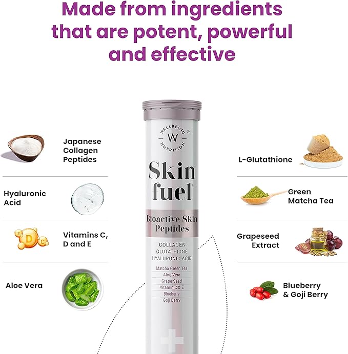 WELLBEING NUTRITION Skin Fuel with Collagen L-Glutathione Hyaluronic Acid Matcha Green Tea Aloe Vera Grape Seed Vitamin C E - 30 Effervescent Tablets