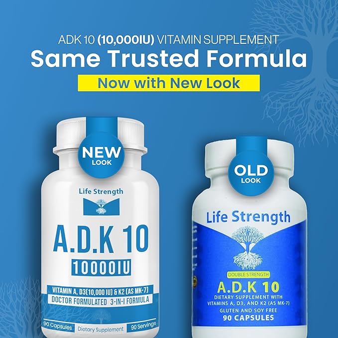 ADK 10 Supplement (180 Count) - Physician Formulated Vitamins A1 D3 &amp K2 (as MK7) for Bone Health - Immune System Support - Gluten Free Soy Free Non-GMO - 90 Capsules