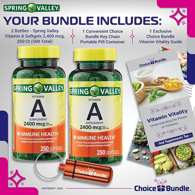 Spring Valley Vitamin A Supplement 2400 mcg Softgel 250 Ct 2 Pk (500 Total) + Vitamin Vitality &amp Pill Container (4 Items)!